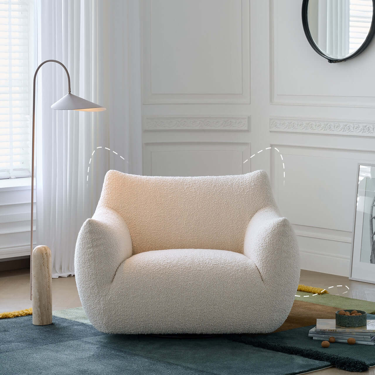 Cream Boucle Lounge Chair with 360° Swivel Design Main Product Image