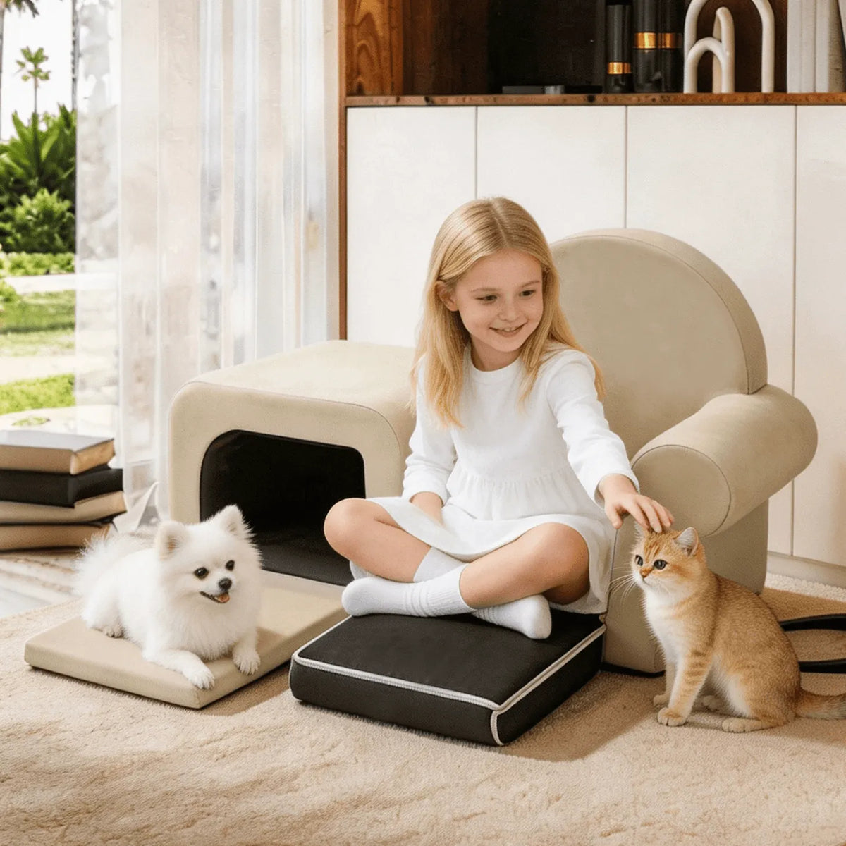 Cream Boucle Pet-Friendly Kids Sofa with Fold-Out Lounge and Arched Nook