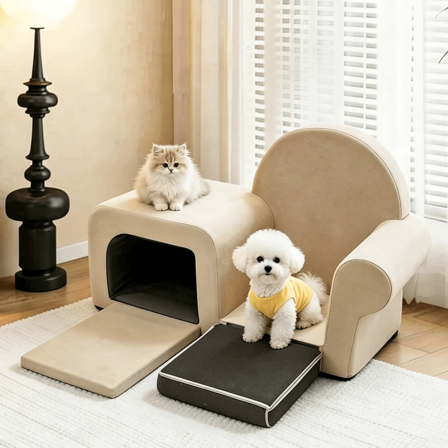 Cream Boucle Pet-Friendly Kids Sofa with Fold-Out Lounge and Arched Nook Secondary image