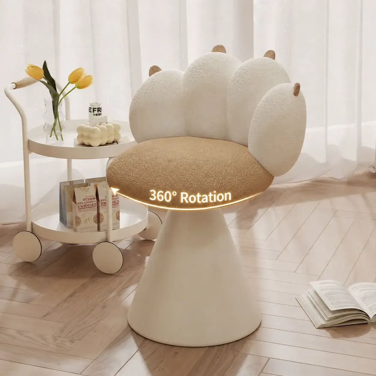 Cream Boucle Swivel Vanity Stool with Cat Paw Back and Steel Base