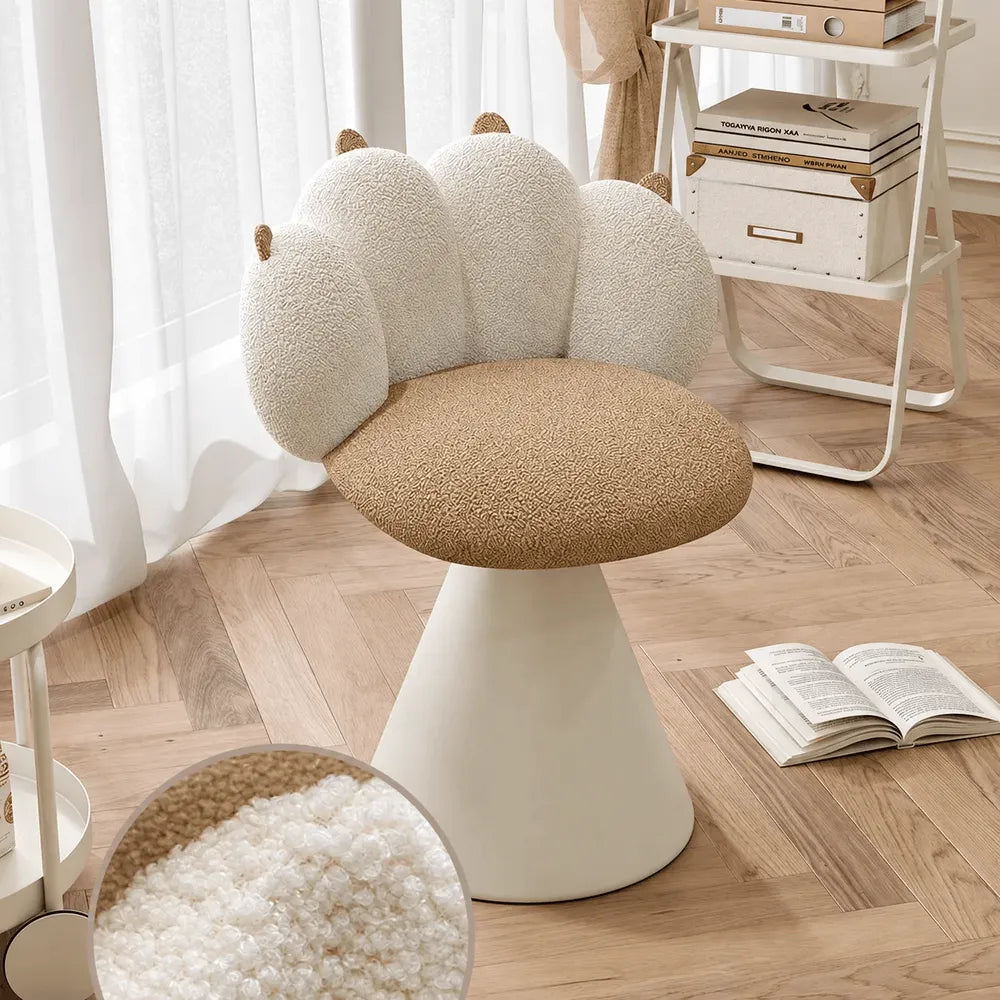 Cream Boucle Swivel Vanity Stool with Cat Paw Back and Steel Base