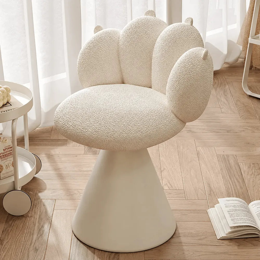 Cream Boucle Swivel Vanity Stool with Cat Paw Back and Steel Base