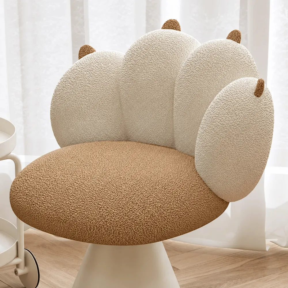 Cream Boucle Swivel Vanity Stool with Cat Paw Back and Steel Base