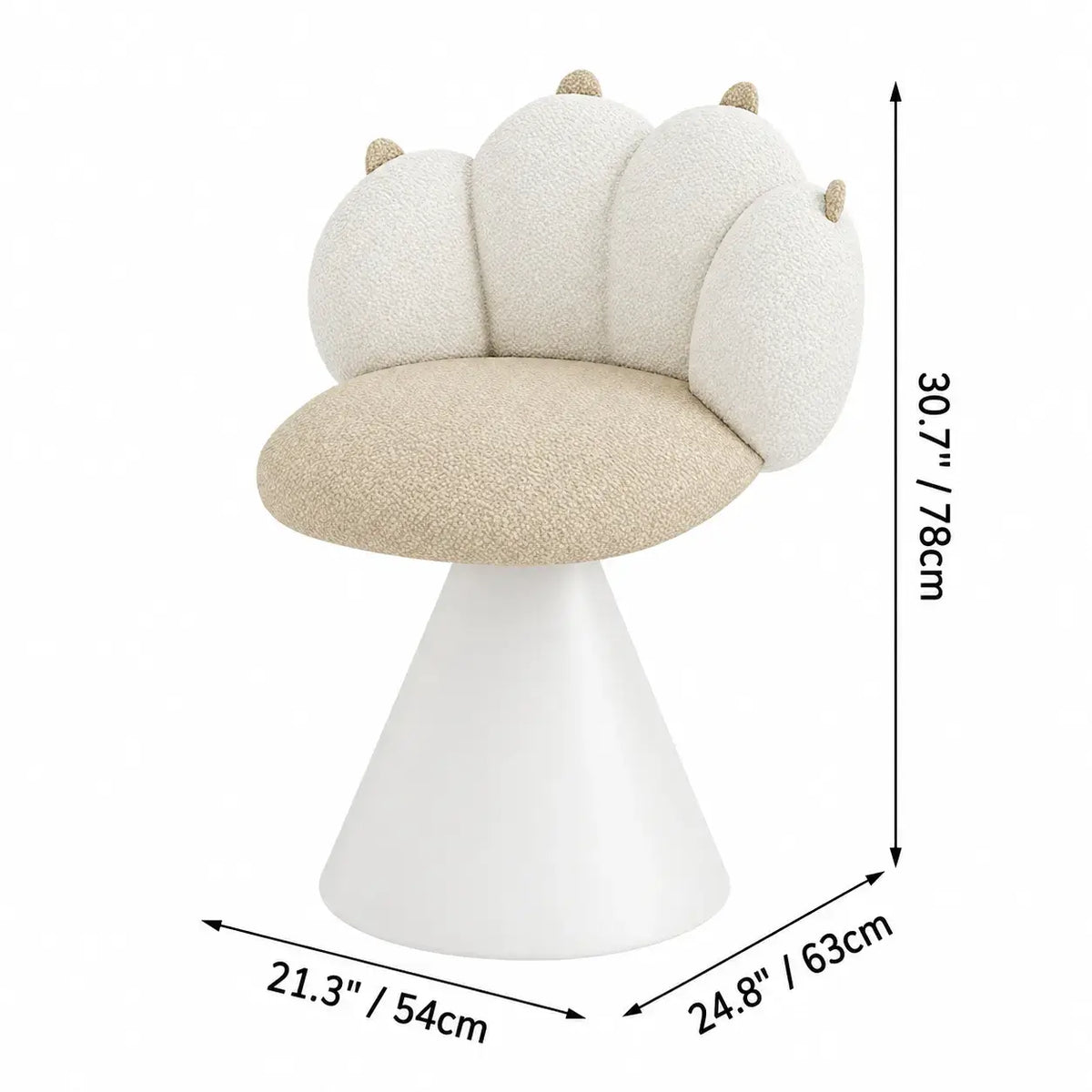 Cream Boucle Swivel Vanity Stool with Cat Paw Back and Steel Base Dimensions