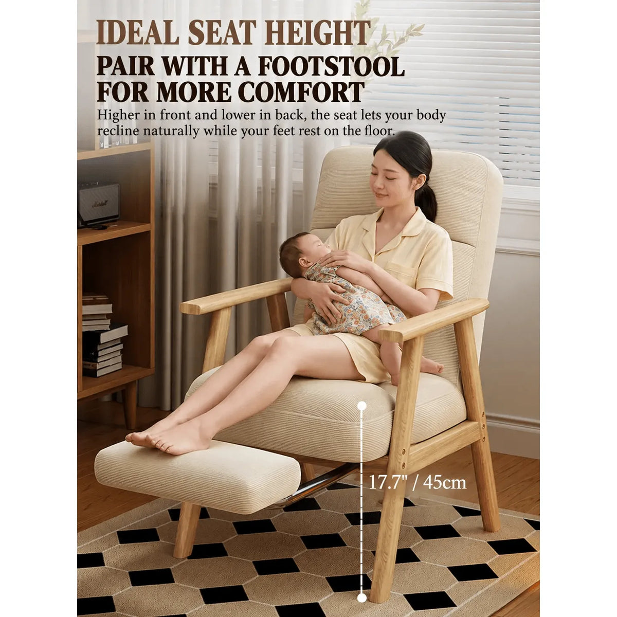 Cream Chenille Pregnancy Office Chair With Adjustable Recline and Ottoman