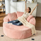 Cream Corduroy Round Sofa with Enveloping Curves for Cozy Lounging