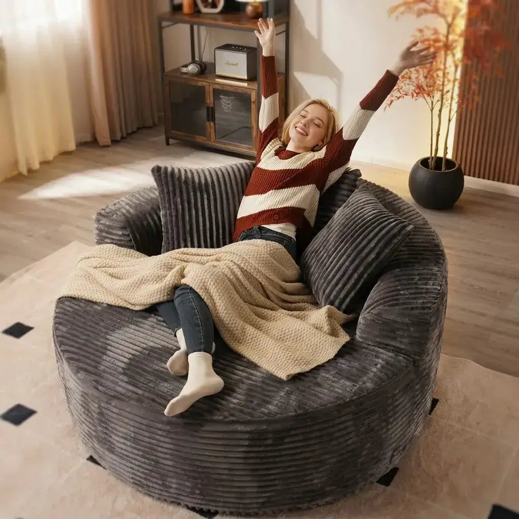 Cream Corduroy Round Sofa with Enveloping Curves for Cozy Lounging Secondary image