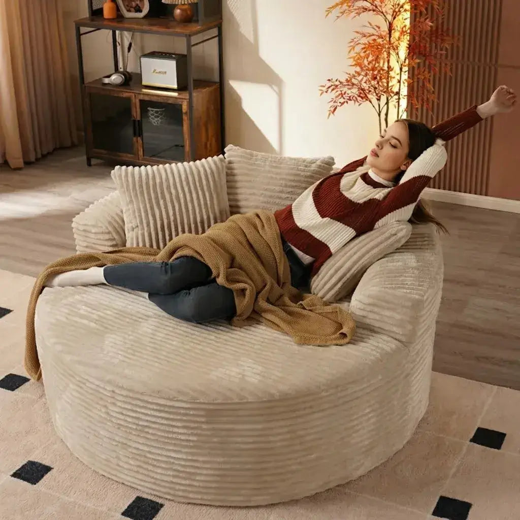 Cream Corduroy Round Sofa with Enveloping Curves for Cozy Lounging Main Product Image Main image