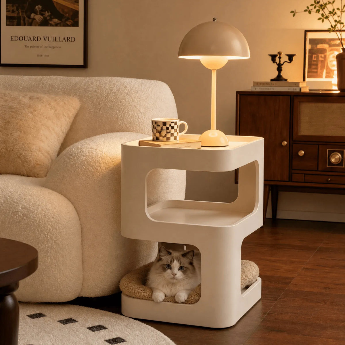 Cream S-Shaped Multifunctional Pet-Friendly Nightstand Side Table Main Product Image