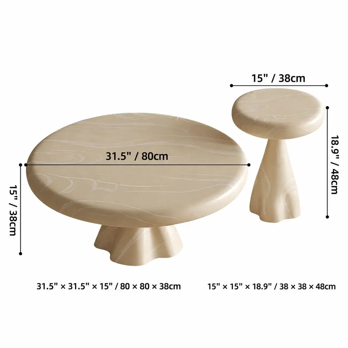 Cream Stone-Look Nested Coffee Table Set With Sculptural Bases