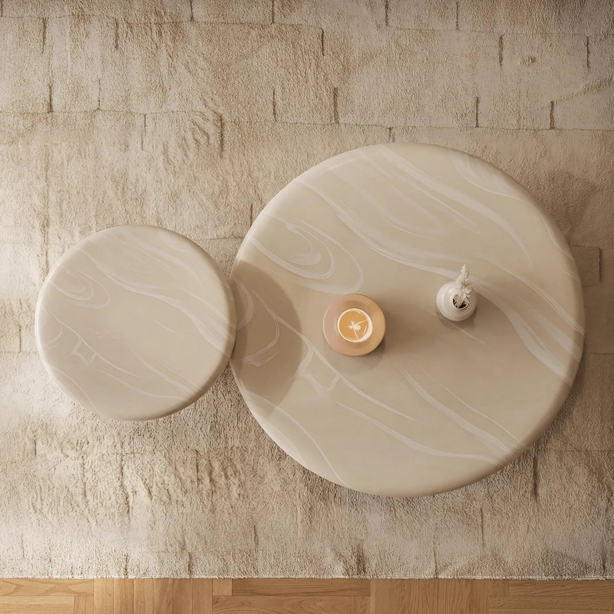 Cream Stone-Look Nested Coffee Table Set With Sculptural Bases