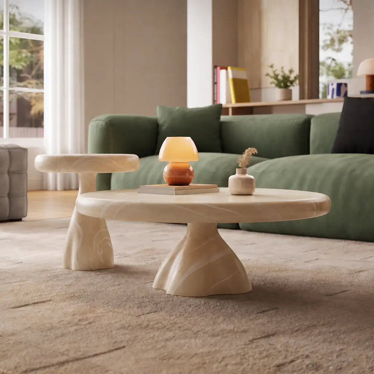 Cream Stone-Look Nested Coffee Table Set With Sculptural Bases