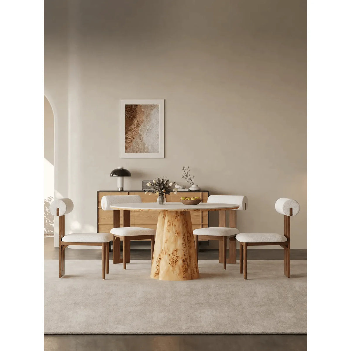 Cream Stone Top Burlwood Dining Table Set for Small Space Dining