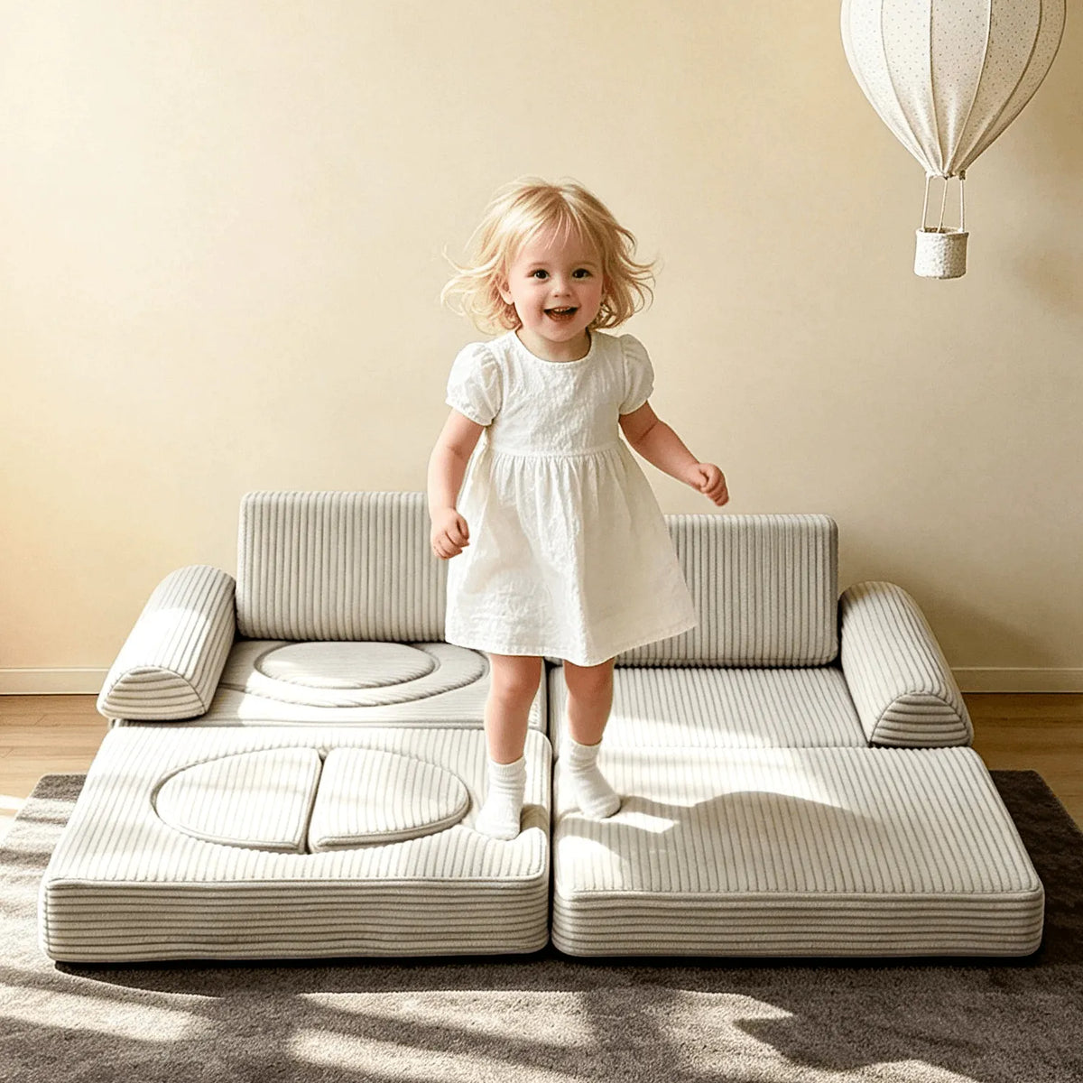 Cream Textured Modular Play Sofa for Kids, Stackable Lounge Series