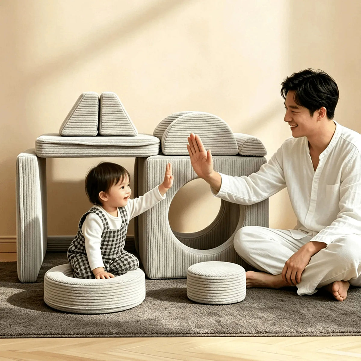 Cream Textured Modular Play Sofa for Kids, Stackable Lounge Series