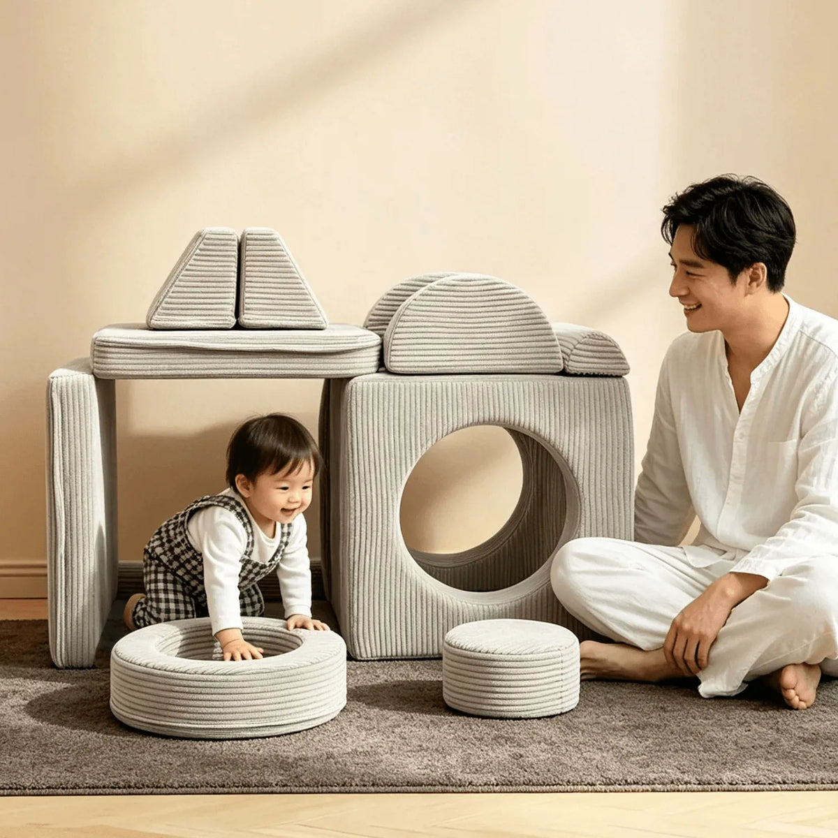 Cream Textured Modular Play Sofa for Kids, Stackable Lounge Series