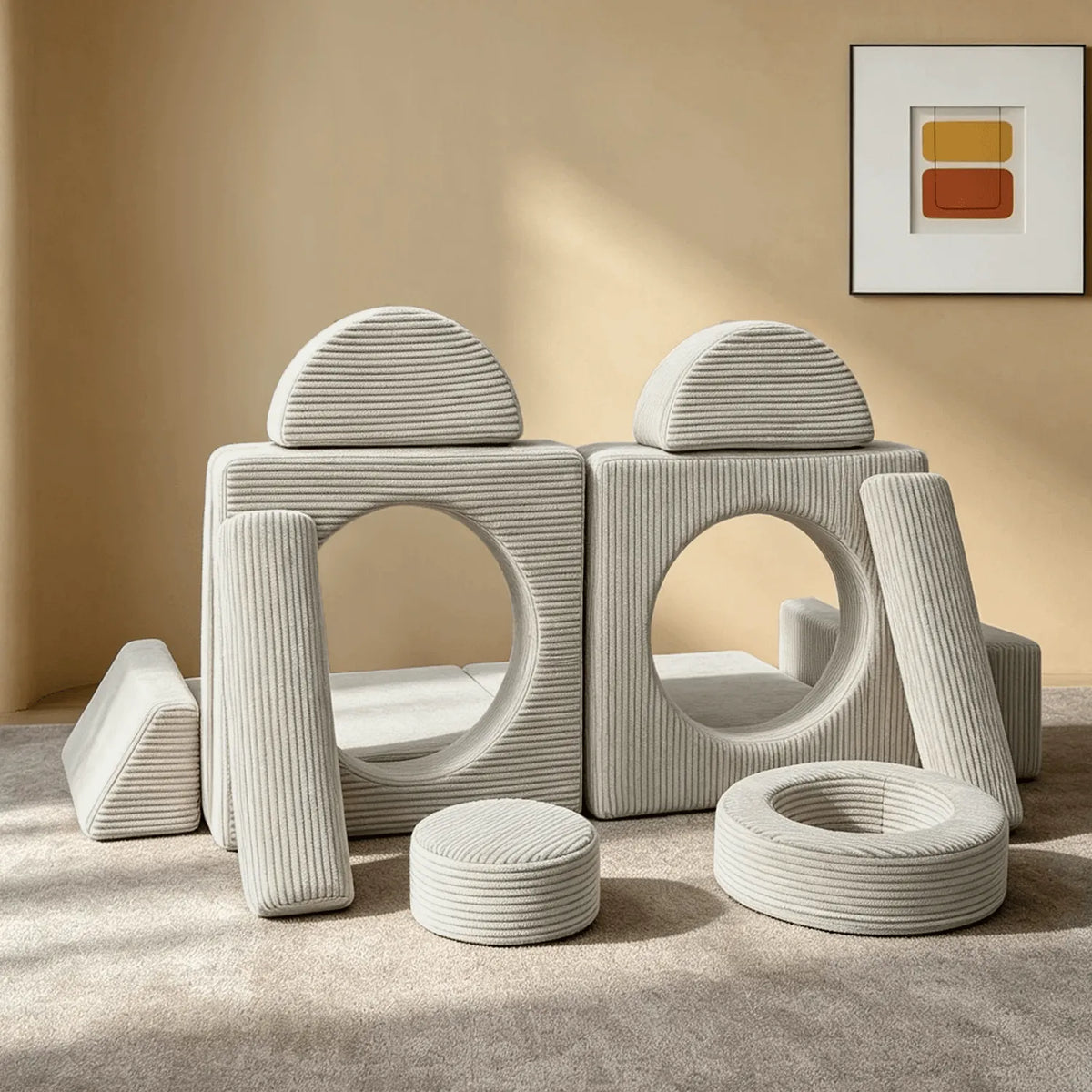 Cream Textured Modular Play Sofa for Kids, Stackable Lounge Series