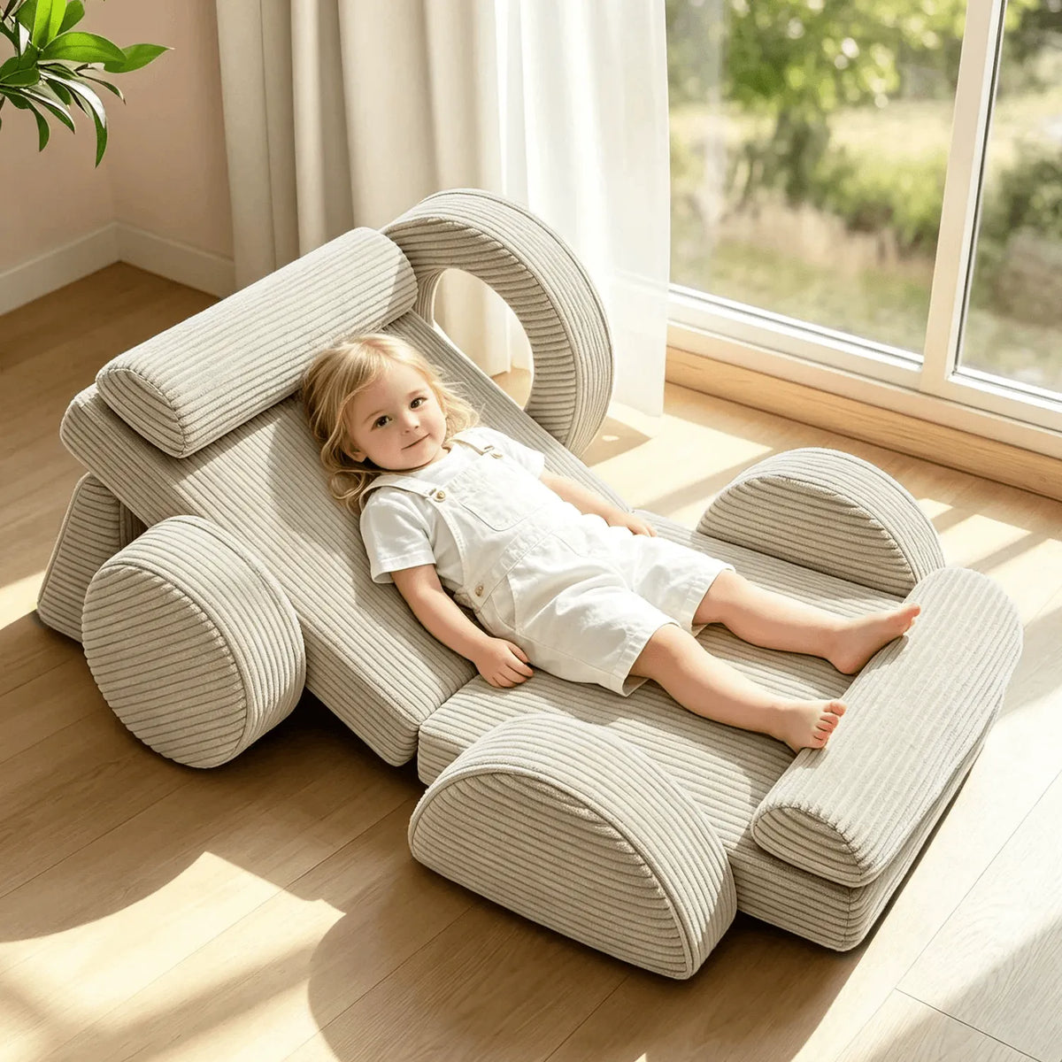 Cream Textured Modular Play Sofa for Kids, Stackable Lounge Series