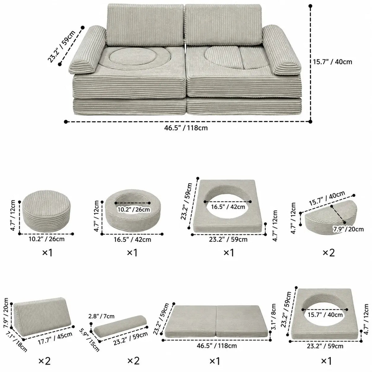 Cream Textured Modular Play Sofa for Kids, Stackable Lounge Series Dimensions