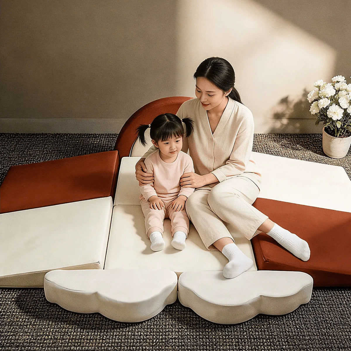 Cream-Tone Modular Play Sofa With Arch Cushions and Buildable Lounge Layouts