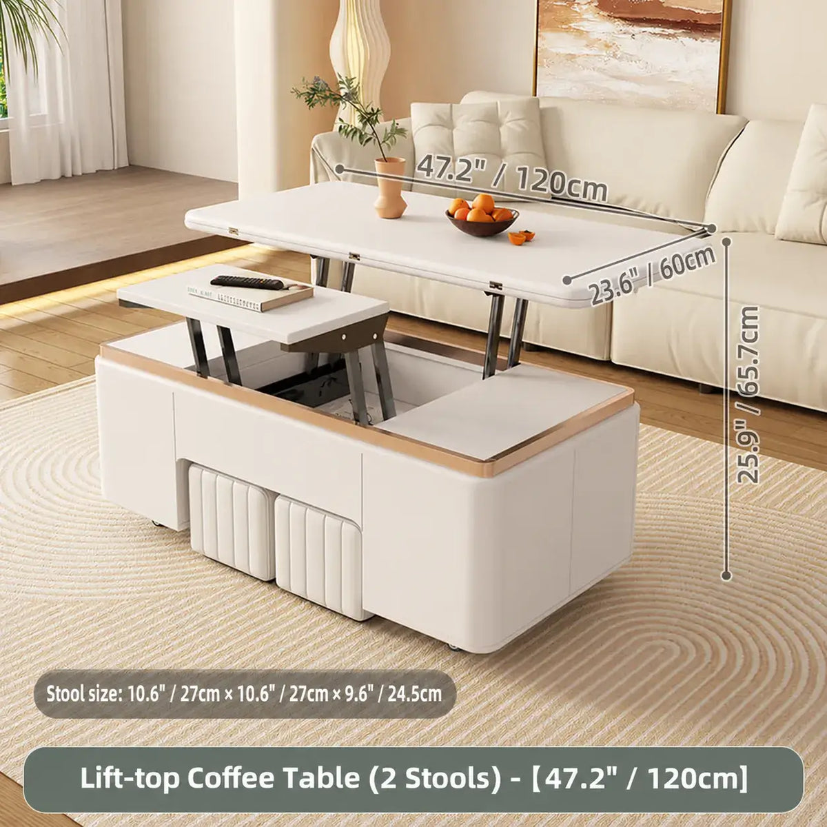 Cream-Toned Lift Top Coffee Table With Foldable Storage and Casters