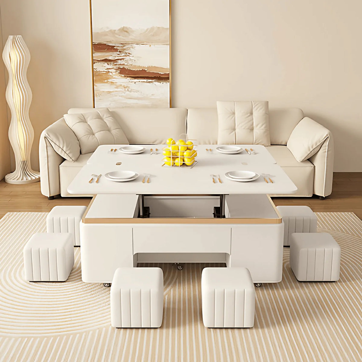 Cream-Toned Lift Top Coffee Table With Foldable Storage and Casters