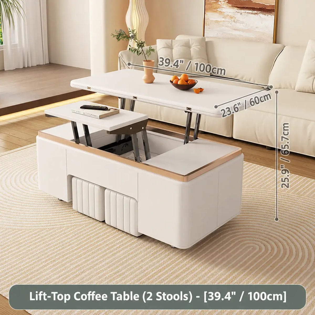 Cream-Toned Lift Top Coffee Table With Foldable Storage and Casters
