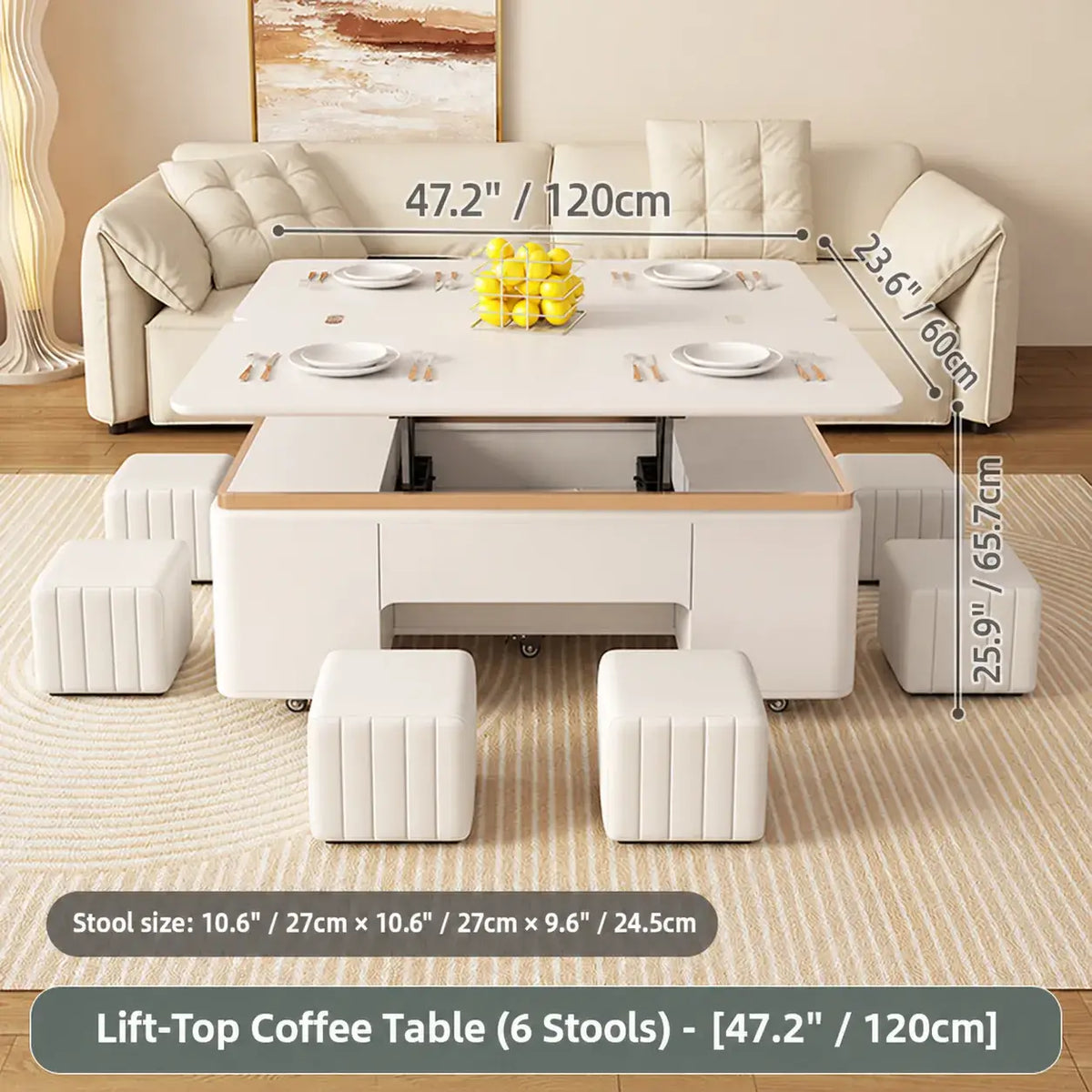 Cream-Toned Lift Top Coffee Table With Foldable Storage and Casters