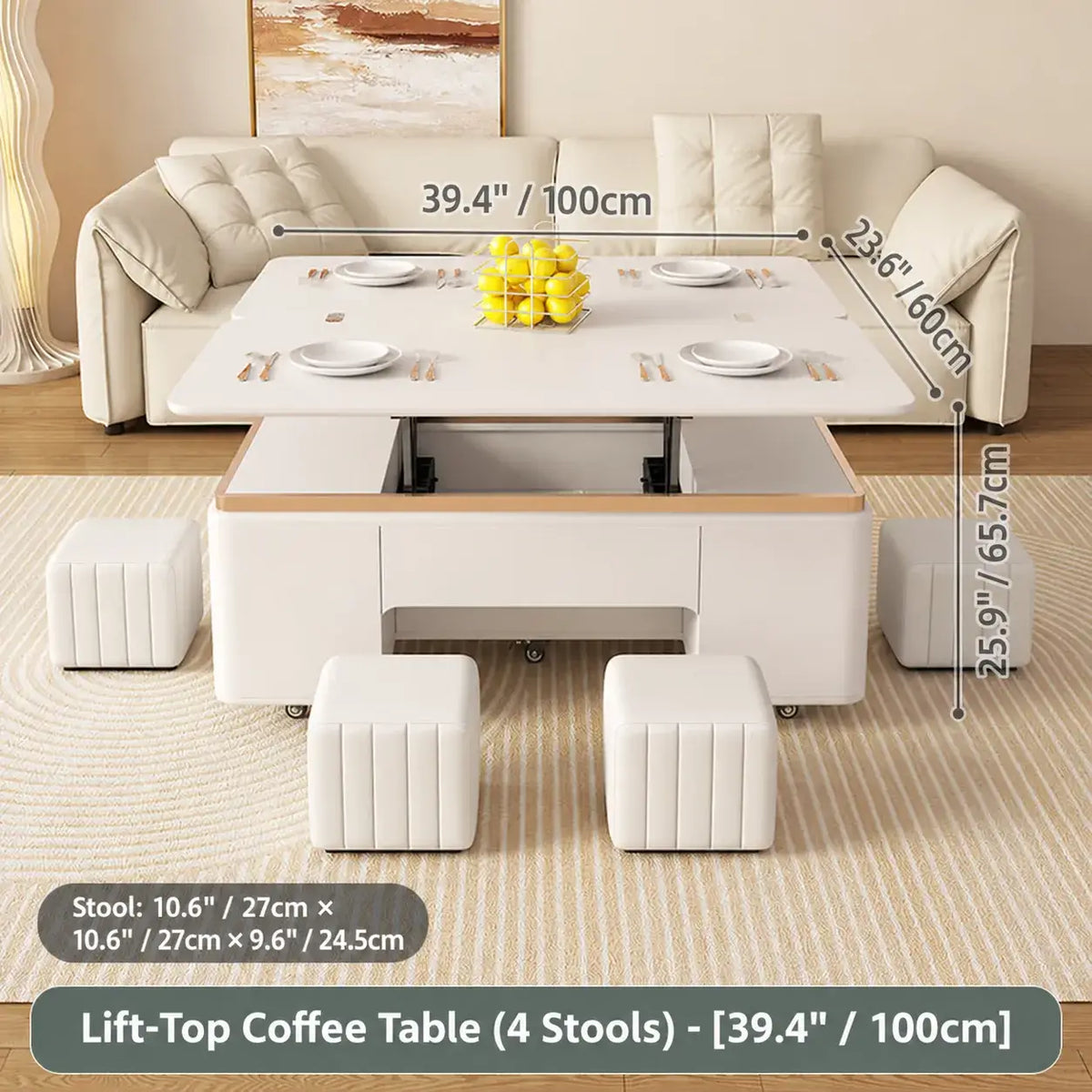 Cream-Toned Lift Top Coffee Table With Foldable Storage and Casters
