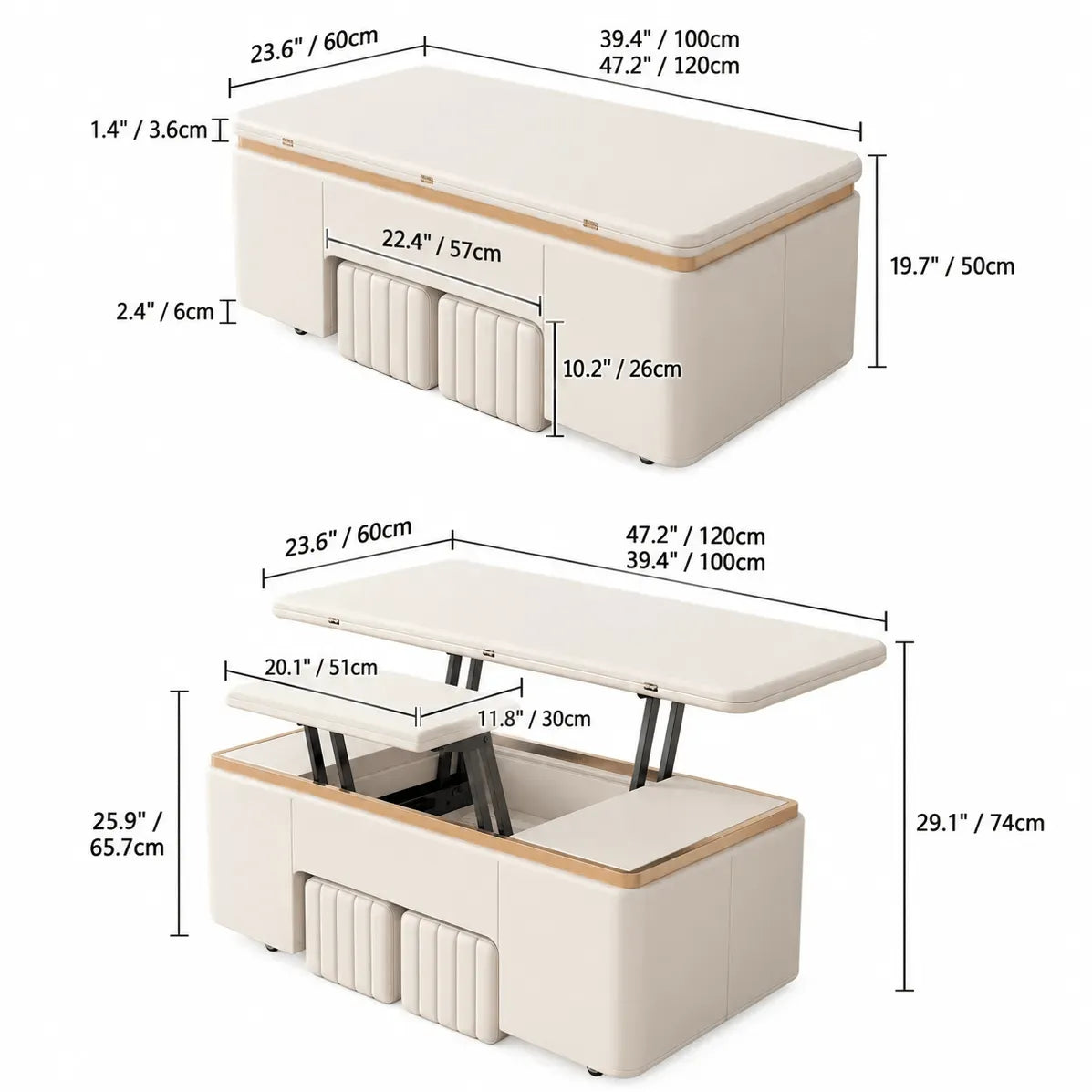 Cream-Toned Lift Top Coffee Table With Foldable Storage and Casters Dimensions
