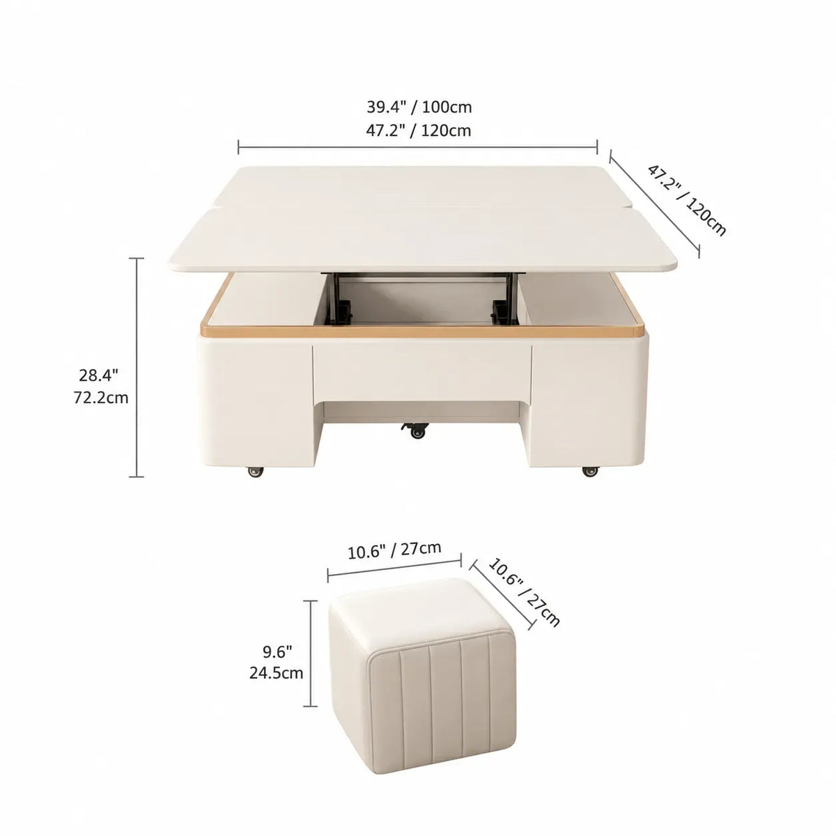 Cream-Toned Lift Top Coffee Table With Foldable Storage and Casters Dimensions