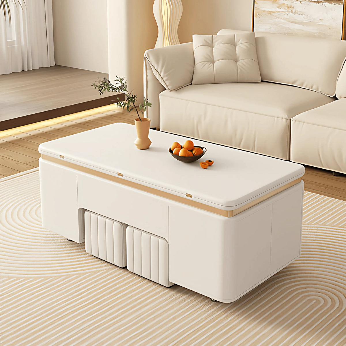 Cream-Toned Lift Top Coffee Table With Foldable Storage and Casters Main Product Image メイン画像