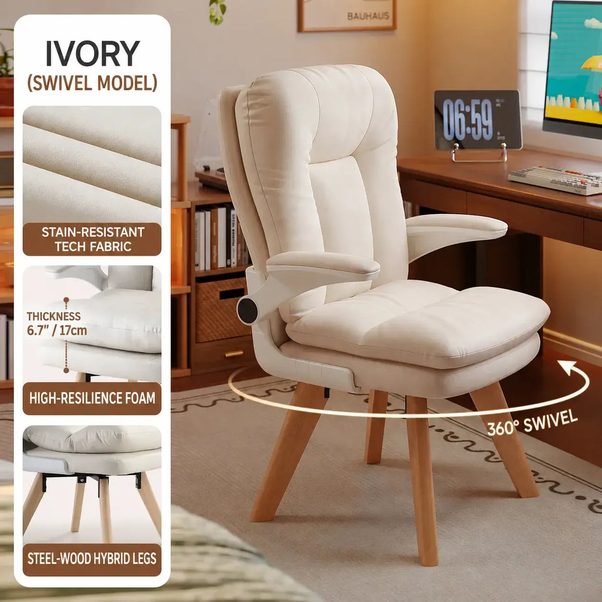 Cream Upholstered Pregnancy Office Chair with Layered Cushion and Wood Legs