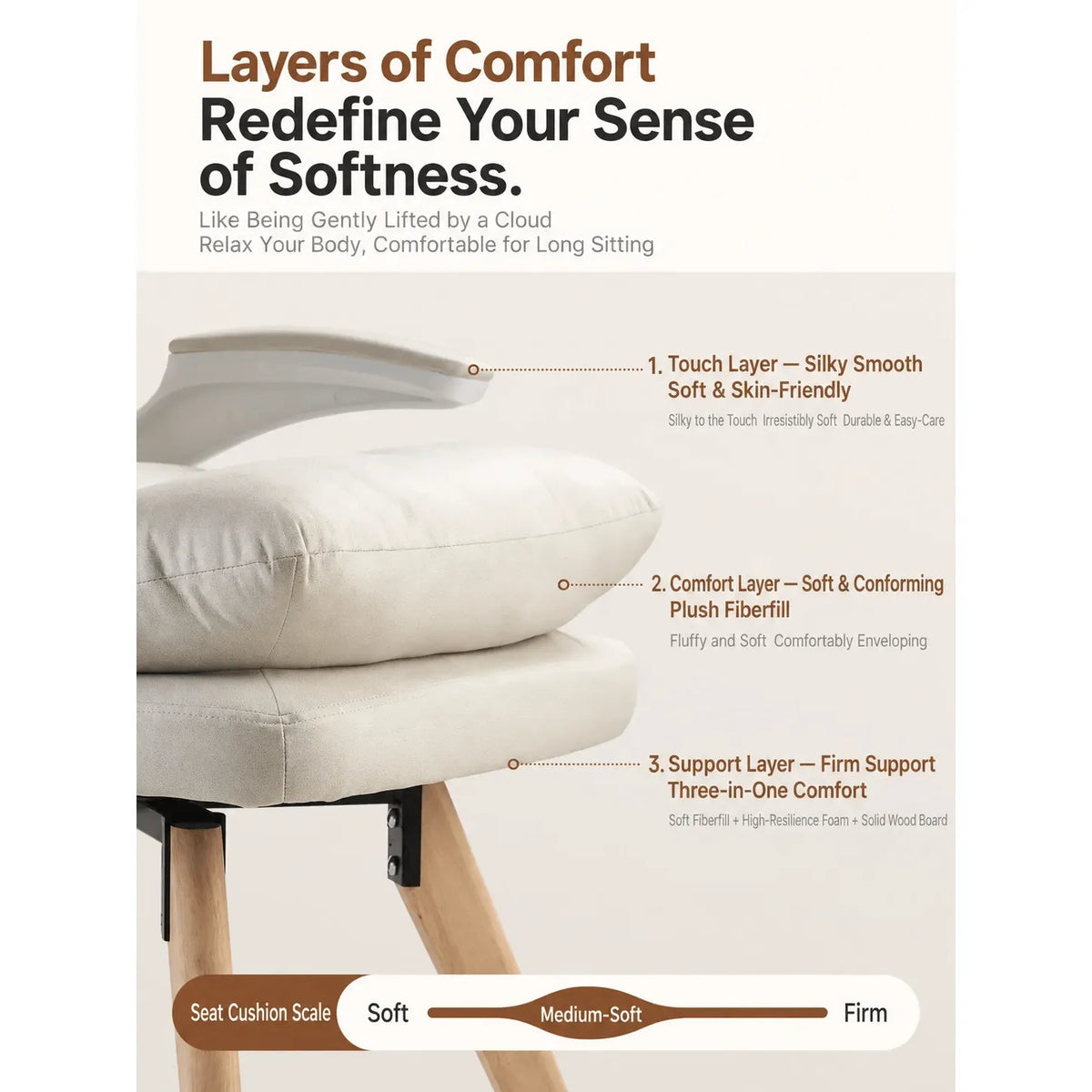 Cream Upholstered Pregnancy Office Chair with Layered Cushion and Wood Legs