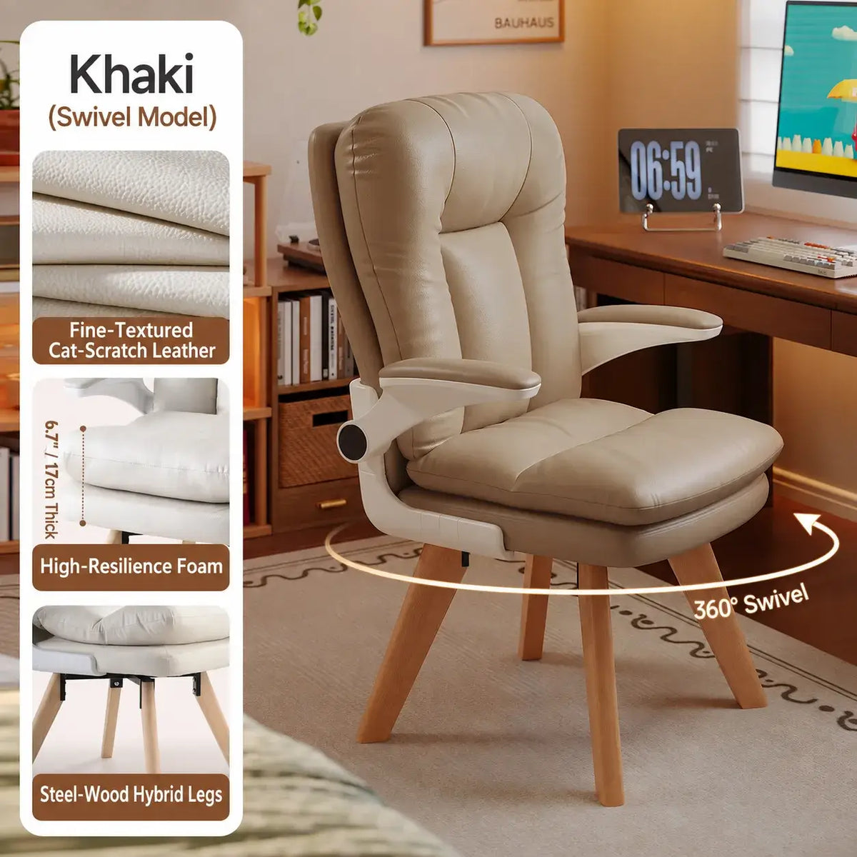 Cream Upholstered Pregnancy Office Chair with Layered Cushion and Wood Legs