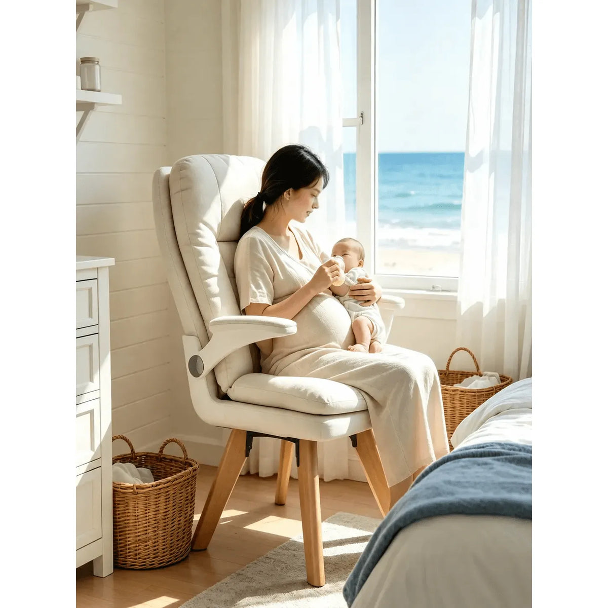 Cream Upholstered Pregnancy Office Chair with Layered Cushion and Wood Legs Main Product Image