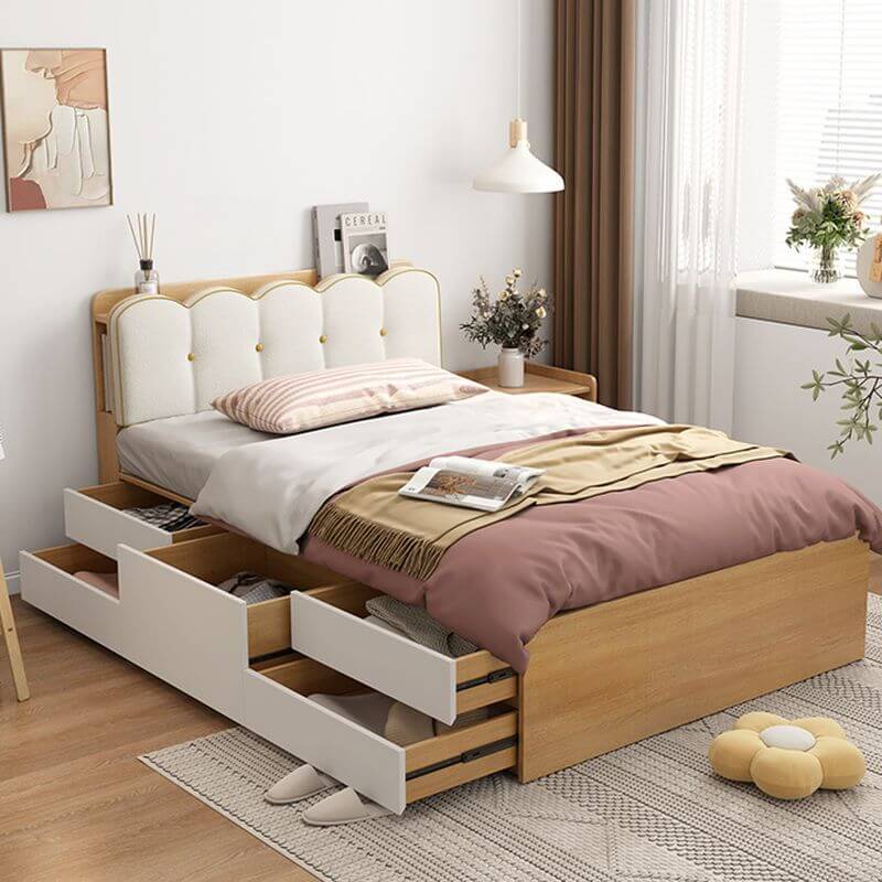Cream White and Natural Modern Storage Bed with Waves Design Secondary image
