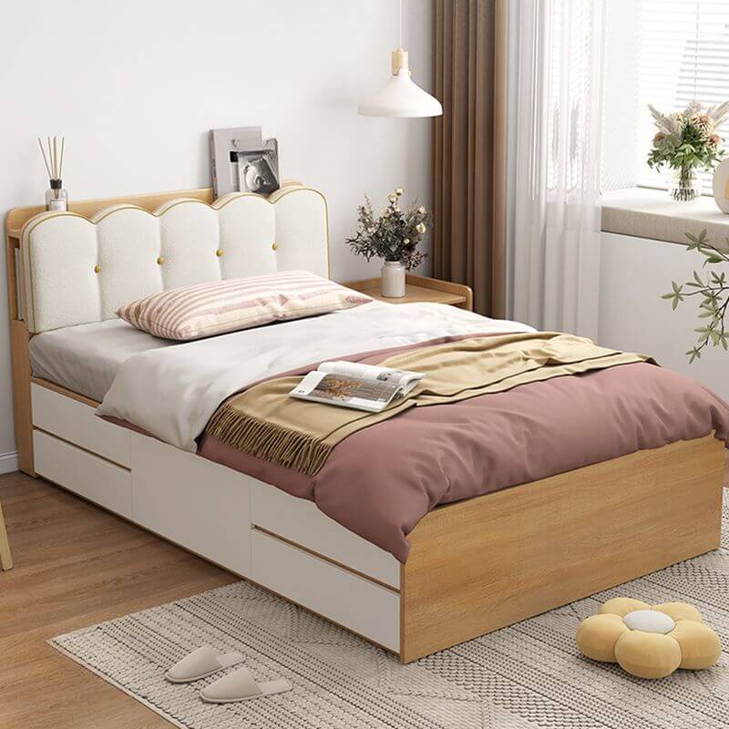 Cream White and Natural Modern Storage Bed with Waves Design Main Product Image Main image
