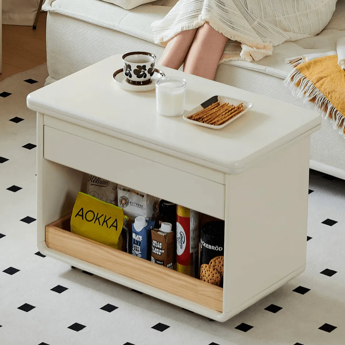 Cream White Extendable Coffee Table With Storage, Casters and Rounded Wood Design
