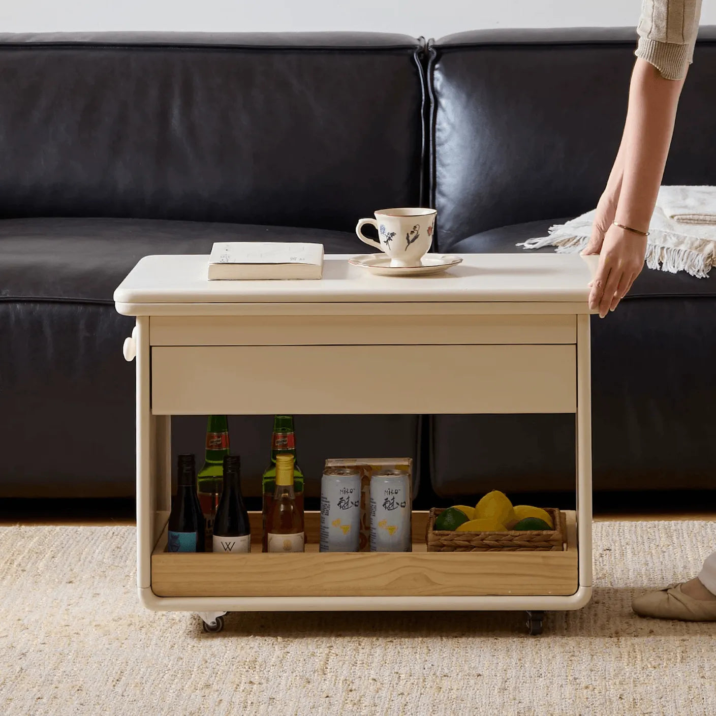 Cream White Extendable Coffee Table With Storage, Casters and Rounded Wood Design