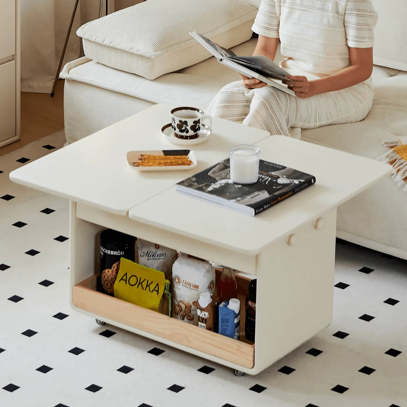 Cream White Extendable Coffee Table With Storage, Casters and Rounded Wood Design Main Product Image