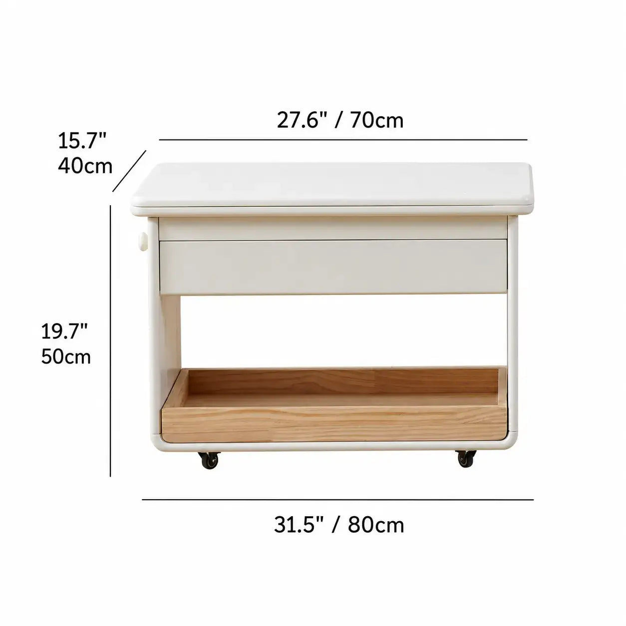 Cream White Extendable Coffee Table With Storage, Casters and Rounded Wood Design Dimensions