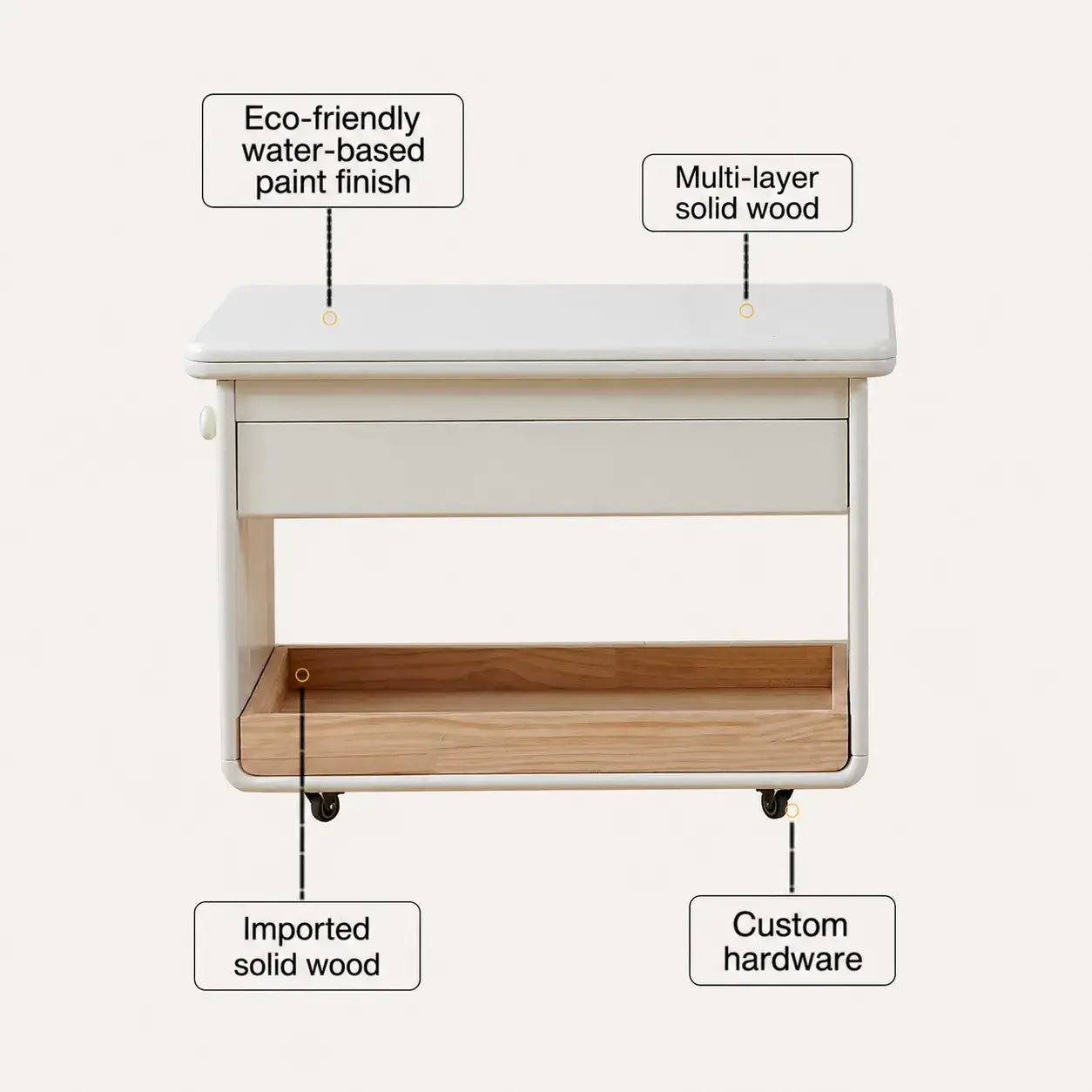 Cream White Extendable Coffee Table With Storage, Casters and Rounded Wood Design