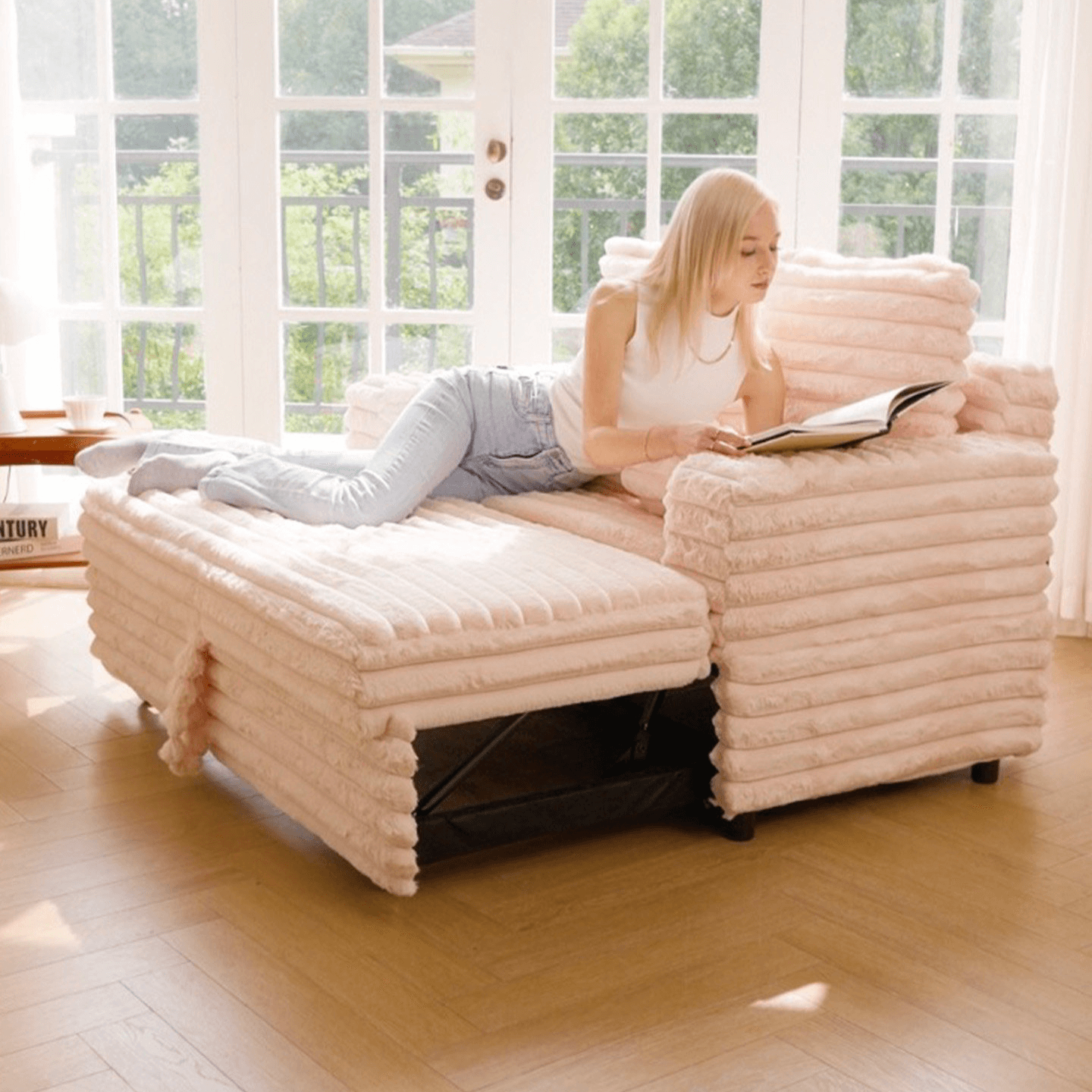 Creamy Sofa Bed with Adjustable Recline – Stylish Comfort