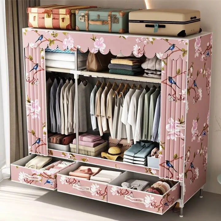Curtain Front Metal Wardrobe Armoire With Drawers And Hanging Rod
