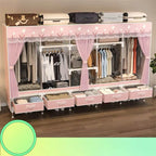 Curtain Front Metal Wardrobe Armoire With Drawers And Hanging Rod
