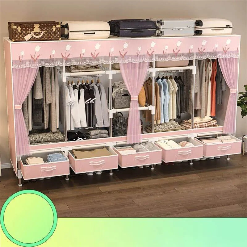 Curtain Front Metal Wardrobe Armoire With Drawers And Hanging Rod