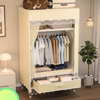 Curtain Front Metal Wardrobe Armoire With Drawers And Hanging Rod