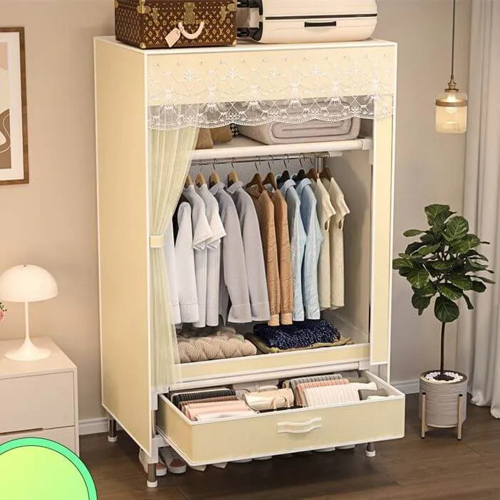 Curtain Front Metal Wardrobe Armoire With Drawers And Hanging Rod