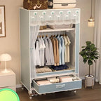 Curtain Front Metal Wardrobe Armoire With Drawers And Hanging Rod